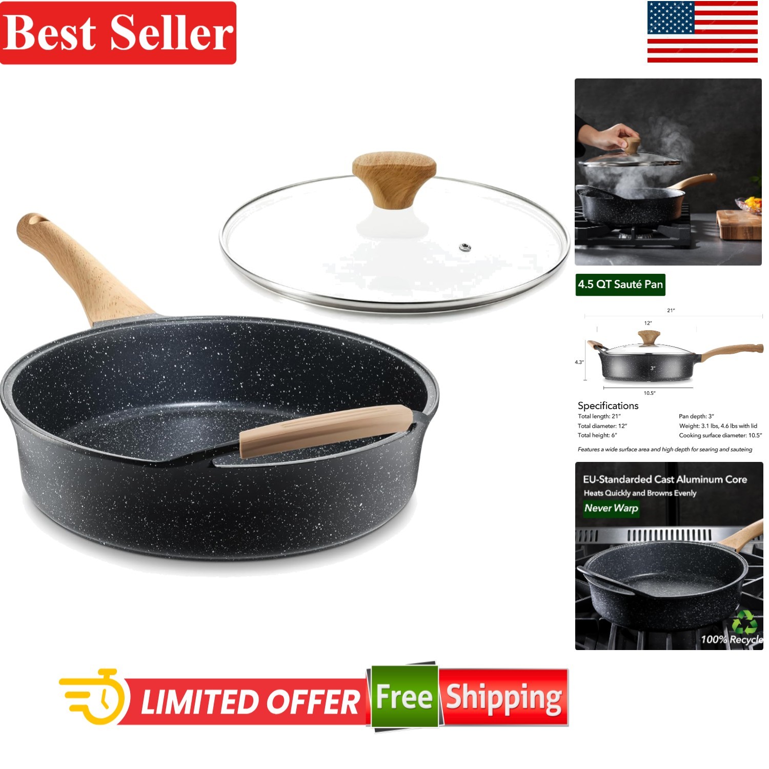 12 Inch Deep Nonstick Frying Pan with Lid 4.5 QT Swiss Granite Coating