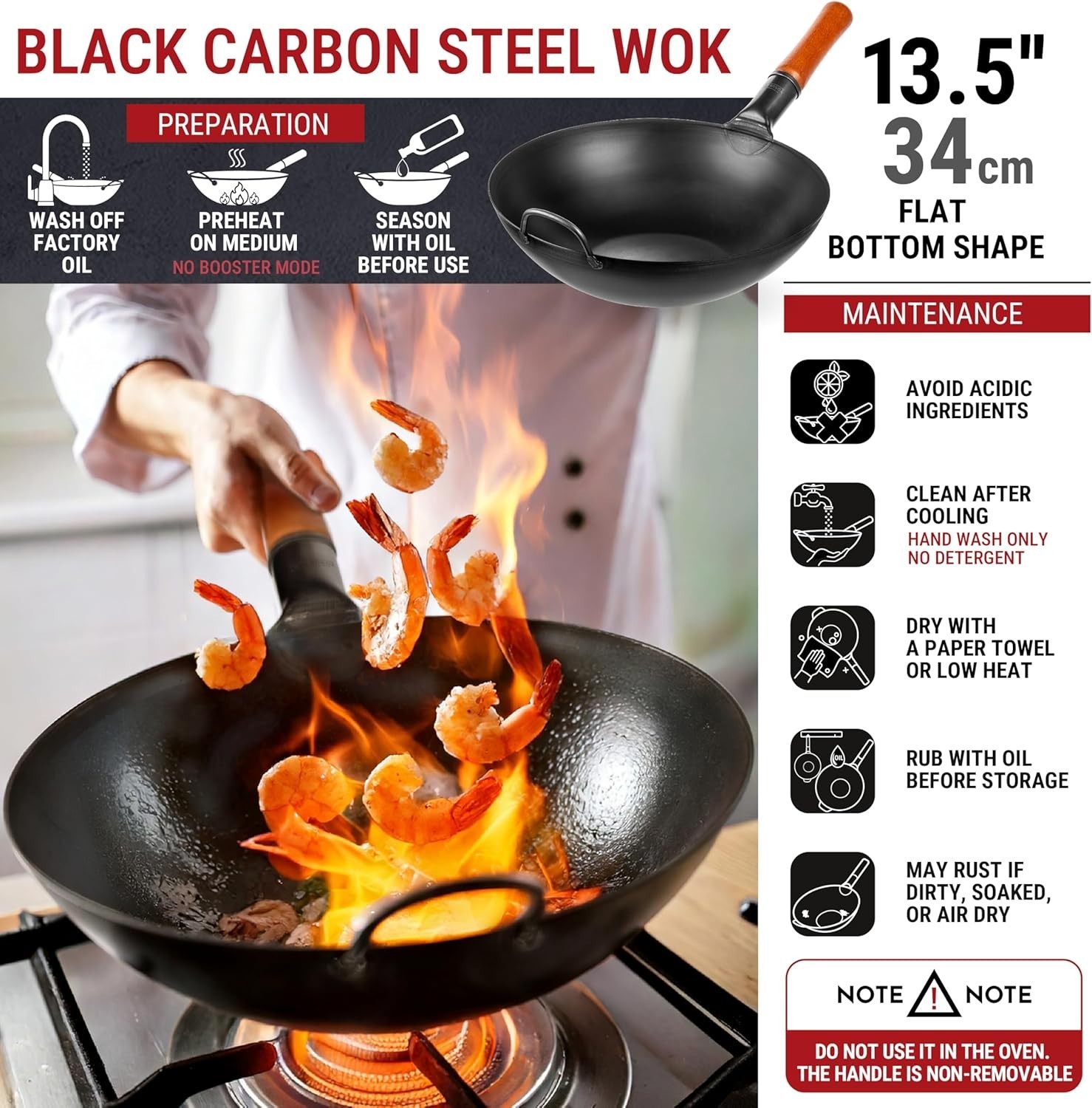 13.5-Inch Heavy-Duty Carbon Steel Wok – Cook on Induction, Gas & Open Fire
