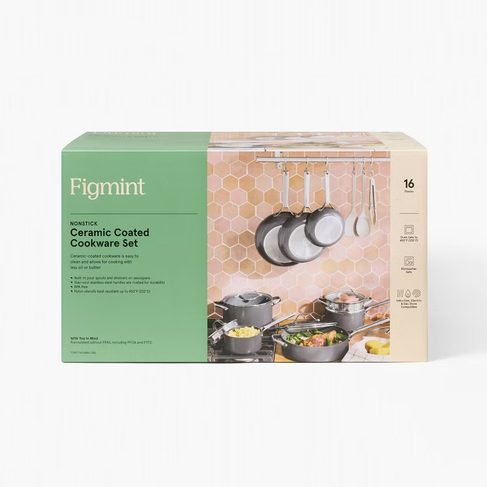 16pc Nonstick Ceramic Coated Aluminum Cookware Set Dark Gray – Figmint