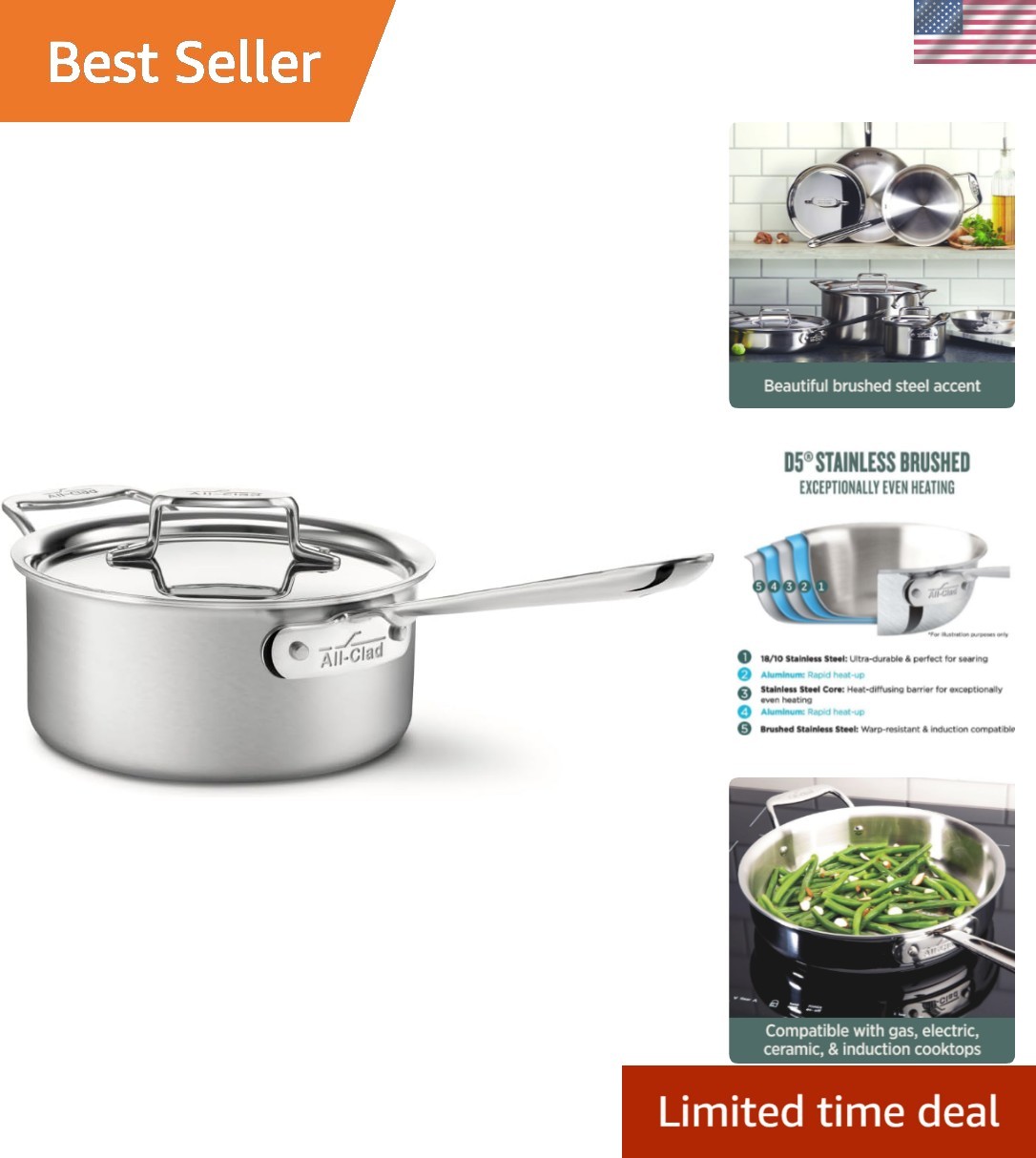 All-Clad D5 5-Ply Stainless Steel 3 Quart Saucepan, Oven Safe & Induction Ready