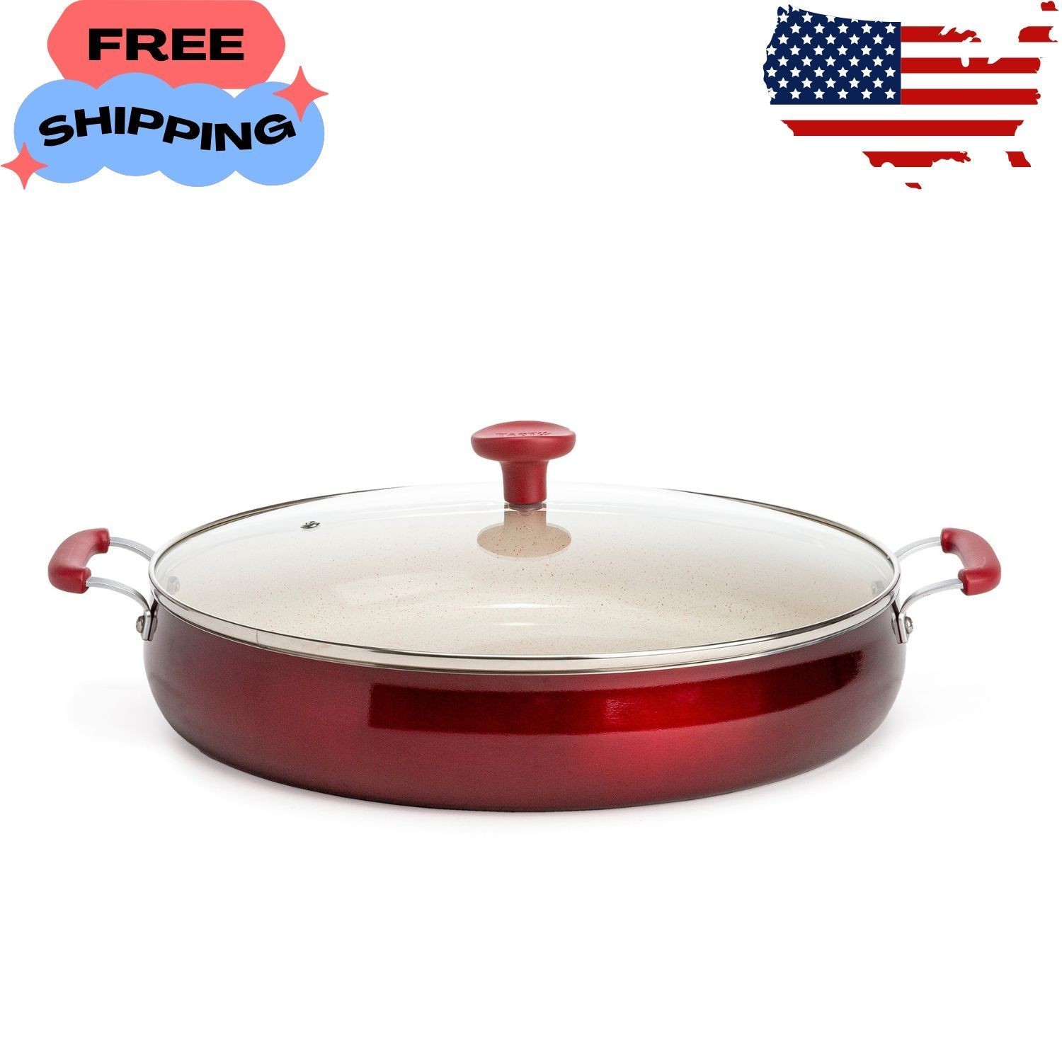 Clean Ceramic 13in Non-Stick Aluminum Centerpiece Sauté Pan with Glass Lid, Red