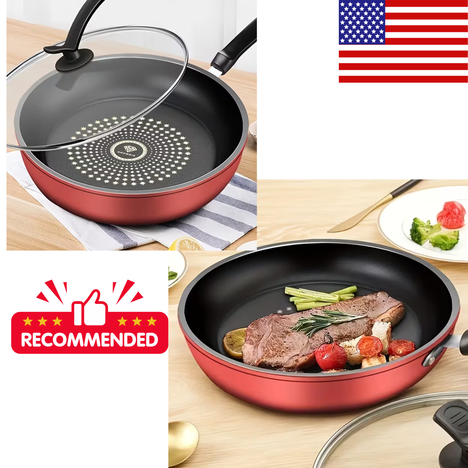 9.4″ Honeycomb Nonstick Frying Pan Food-Grade Stainless Steel Skillet w/ Spatula