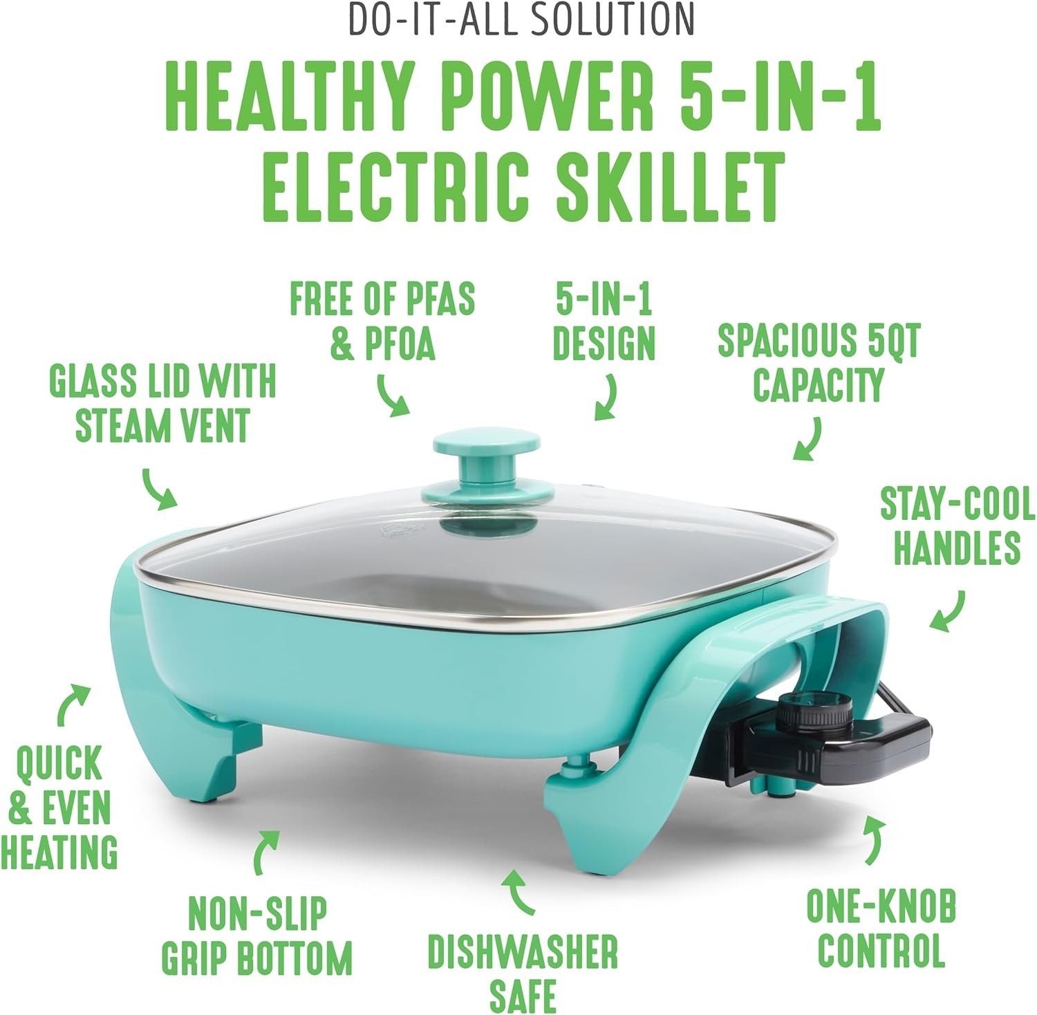 12″ 5QT Square Electric Skillet Ceramic Nonstick Lid Adjustable Temp Turquoise