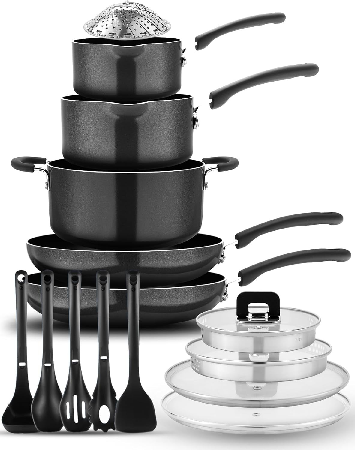 17-Piece Non-Stick Cookware Set – Space-Saving, Induction-Compatible, Black