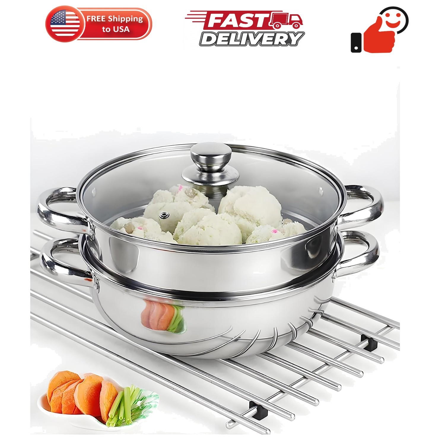 2-Tier 28cm 304 Stainless Steel Steamer Pot with Glass Lid,for Dumplings, Sea…