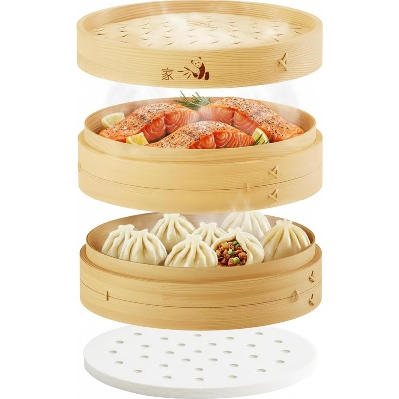 Bamboo Steamer Basket Set Organic Cooking Tool W/ Chopsticks & Liners New