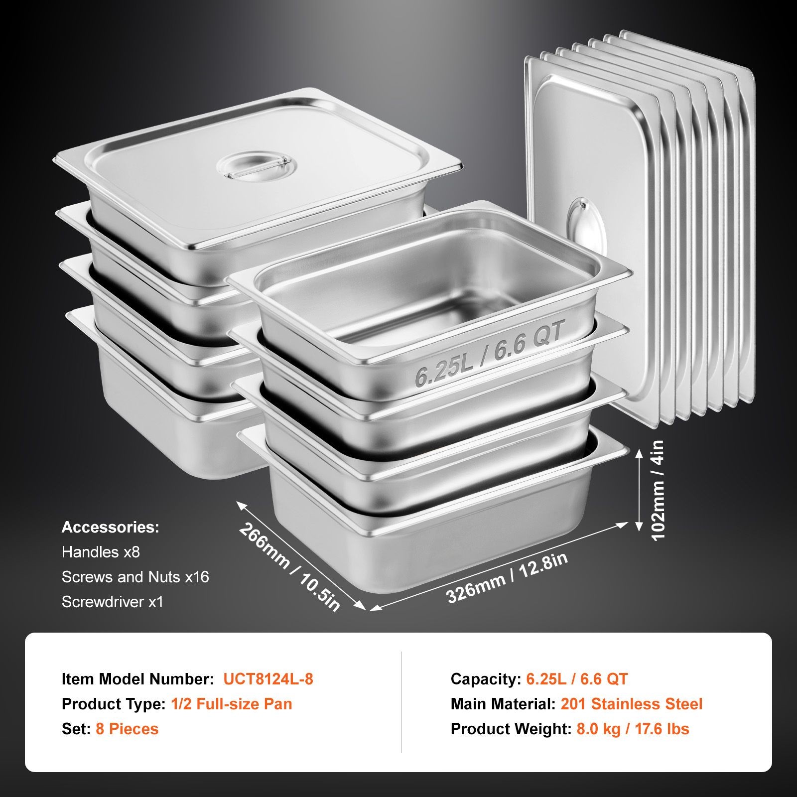 1/2 Size 4in Deep Stainless 8-Piece Hotel Pans, Anti-Jam