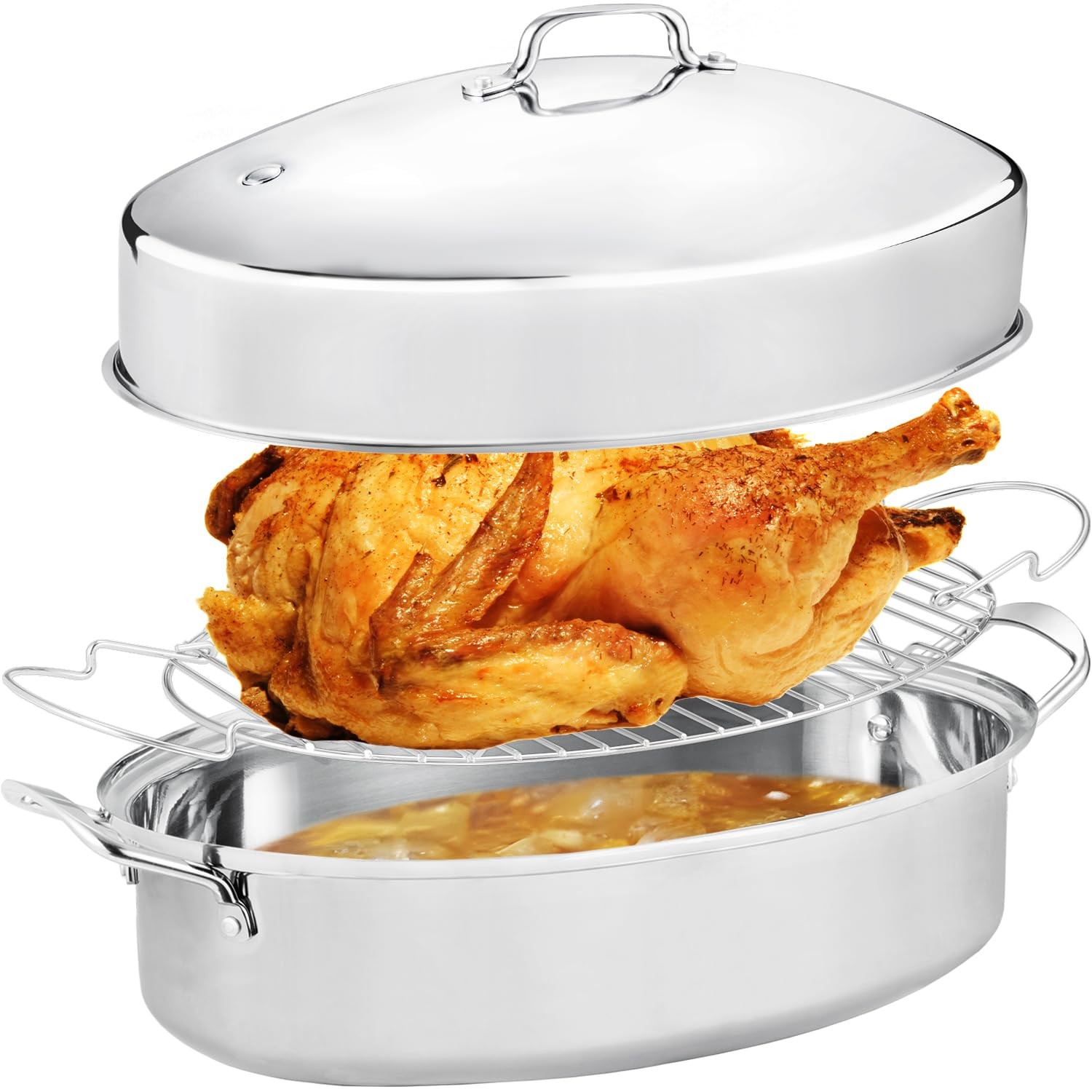 JY COOKMENT 22″ Large Roasting Pan with Rack and Lid,Oval Turkey Roaster Pan for