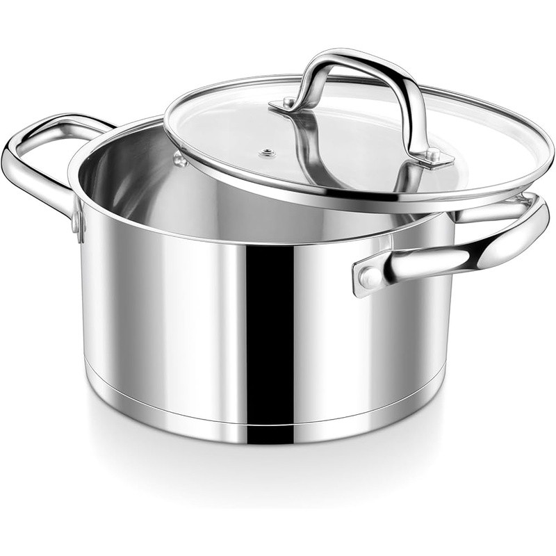 Stainless Steel Tri-ply Cook Pot 5QT Induction Dishwasher Safe W/ Glass Lid New
