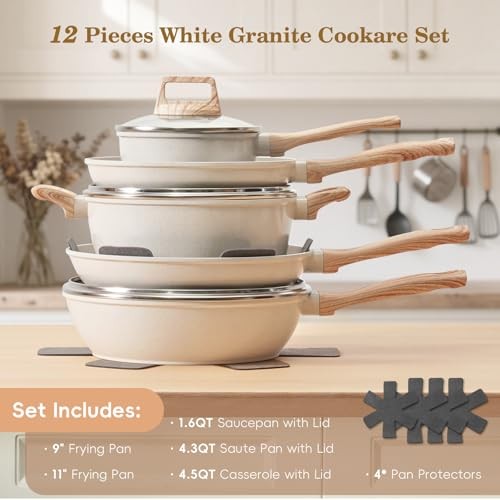 12 Pcs Pots and Pans Set Non Stick, Cookware Sets Granite 12 Pieces White