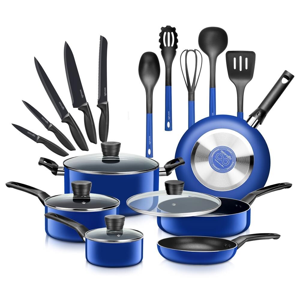 SereneLife 20Pcs Kitchenware Pots & Pans Set-Black Non-Stick Coating Inside-Blue