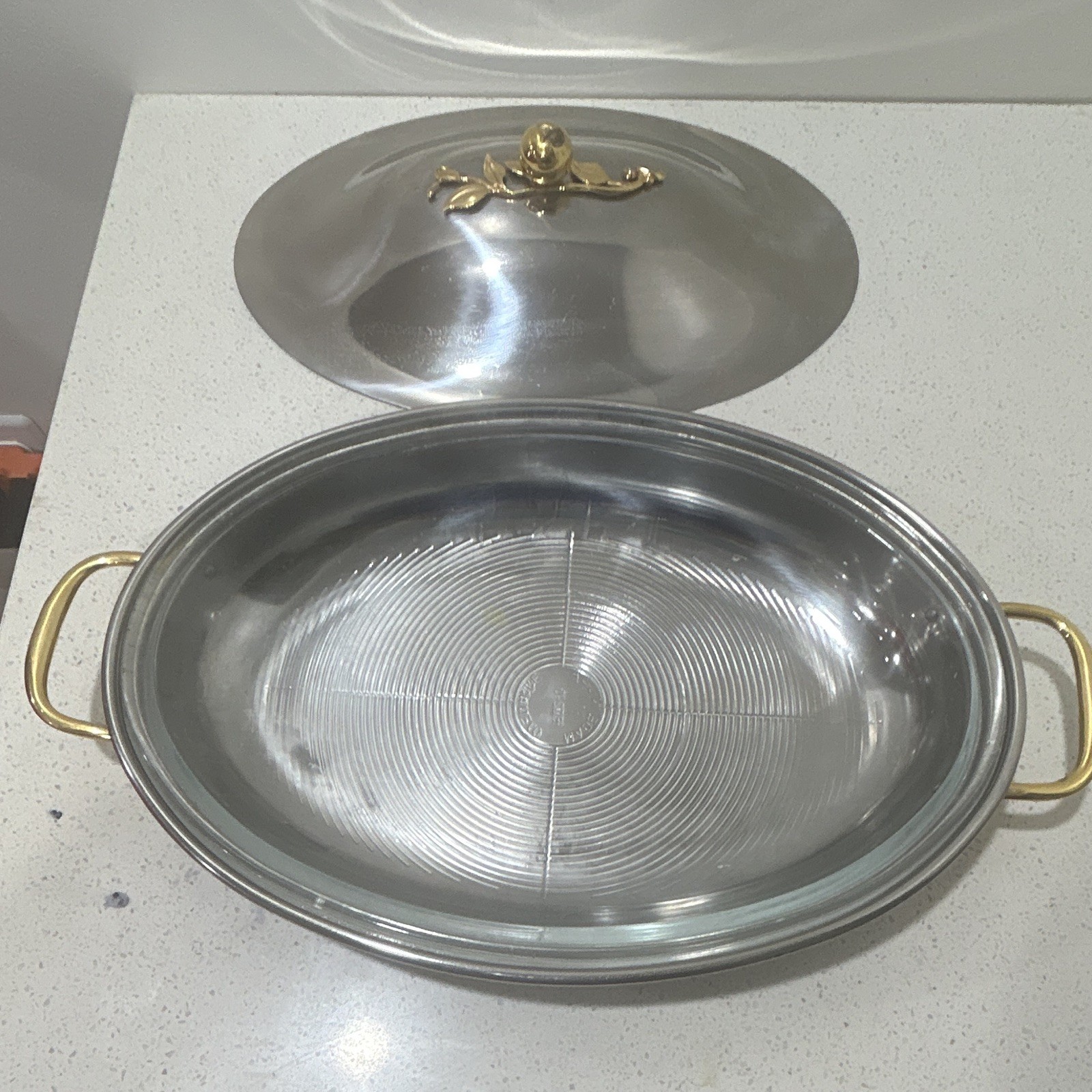 Stainless Steel Oval Saute Pan w/ Lid, Double Handles, Gold-Tone, 16 in