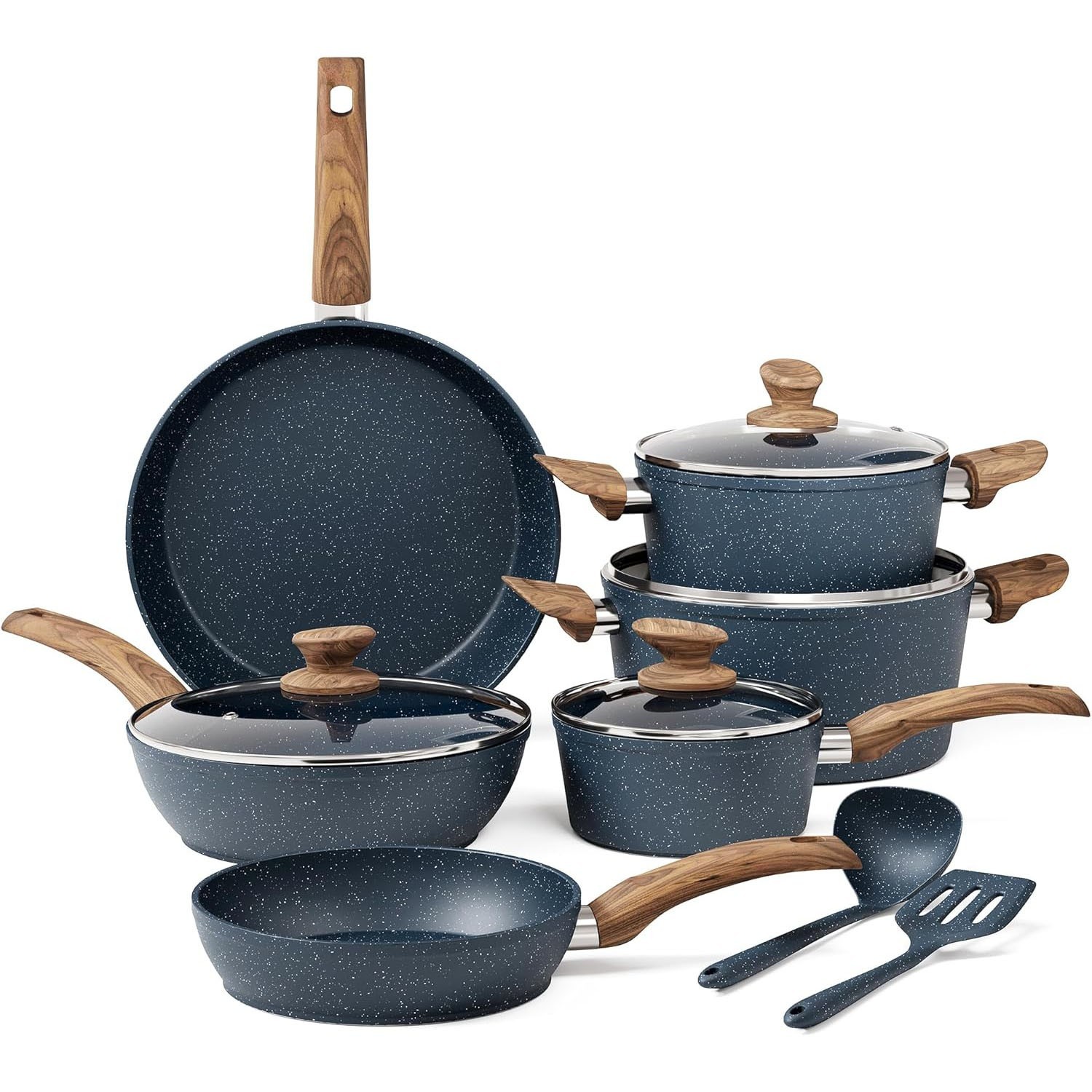 12 Pieces Kitchen Pots & Pans Set Nonstick Cookware Set Granite Coated w/ Lid