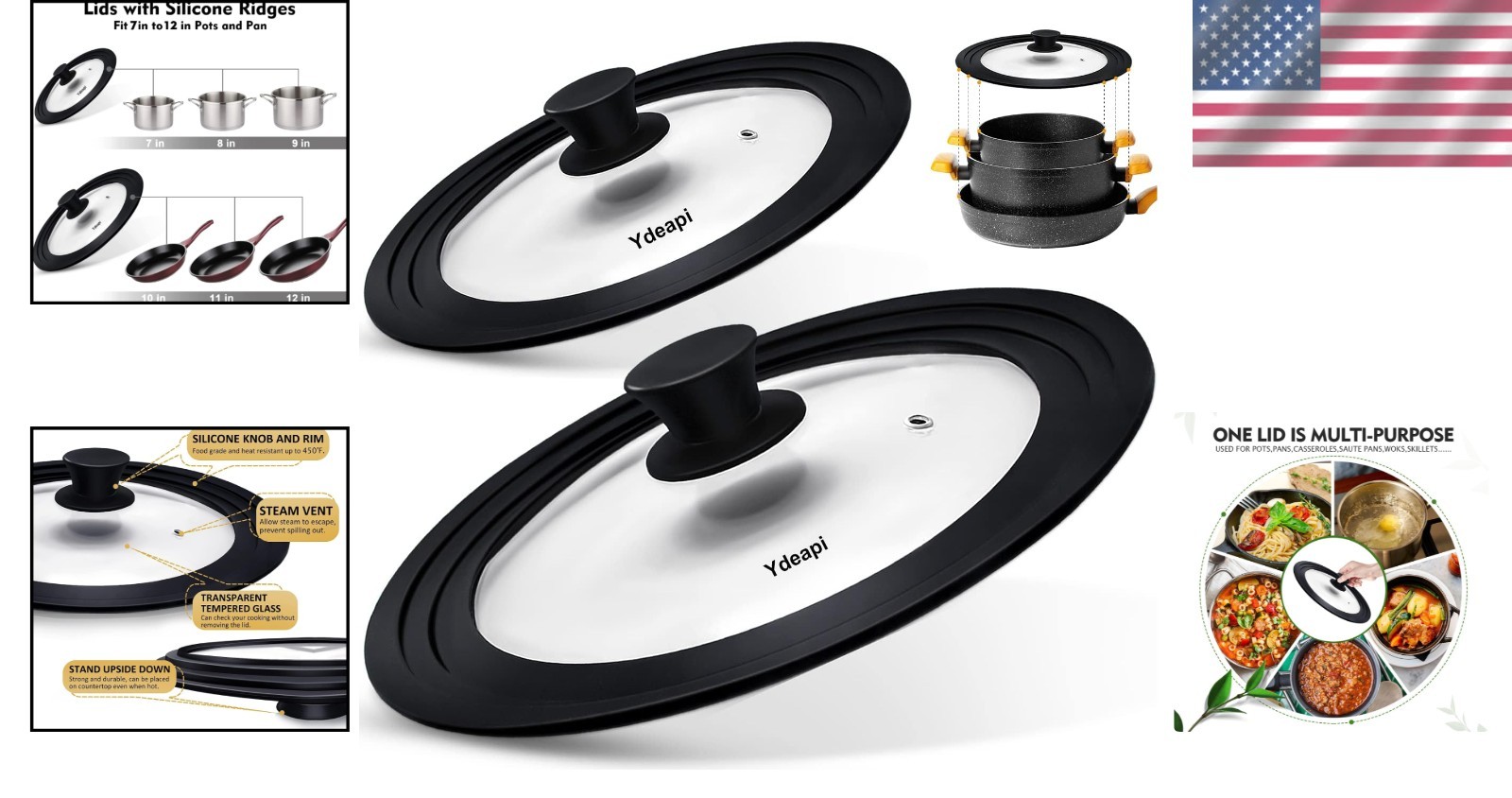 Versatile Heat Resistant Lids – Fits 7″ to 12″ Cookware, Dishwasher Safe