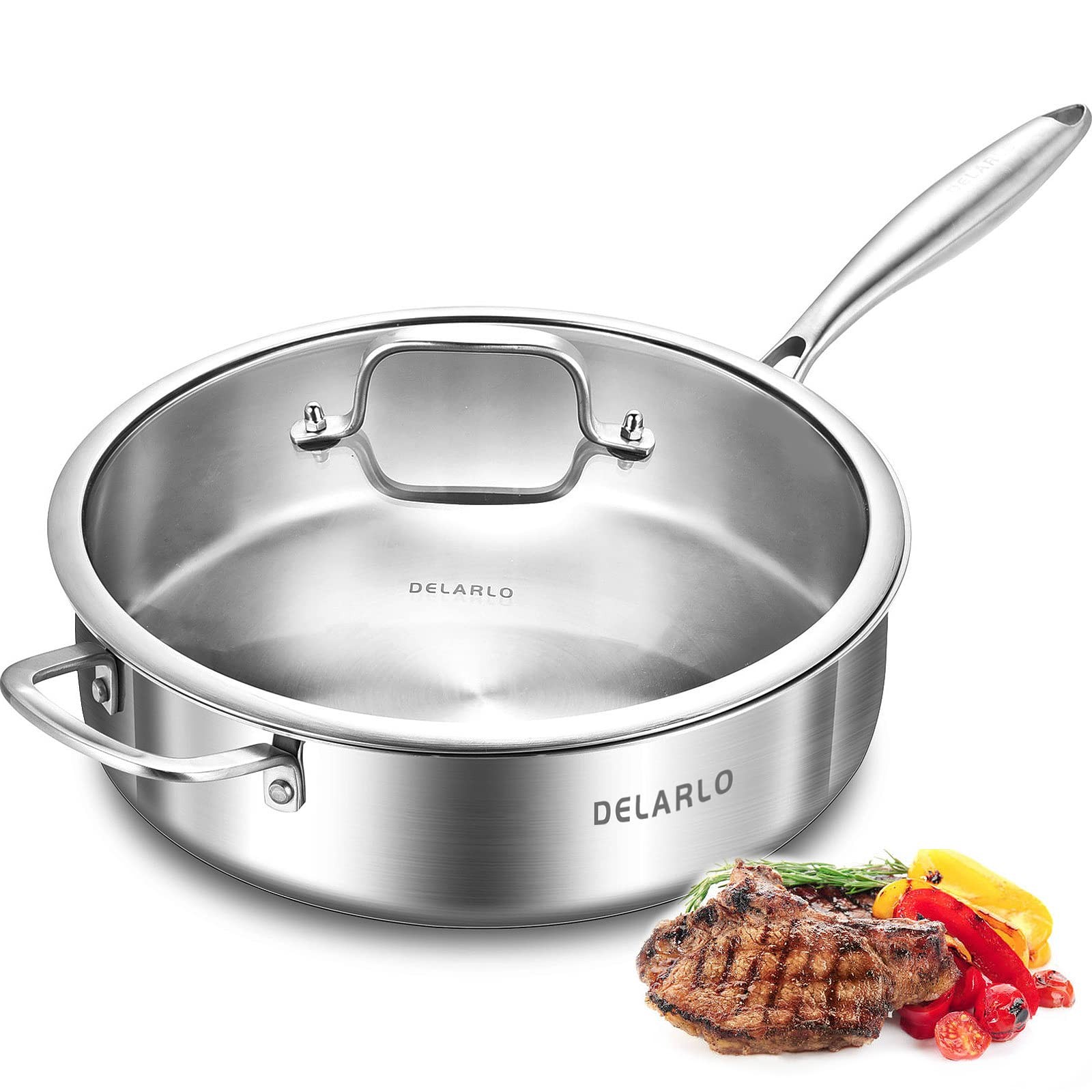 Tri-Ply Stainless Steel Frying Pan,12 inch Skillet with Lid,6 Quart Saute Pan…