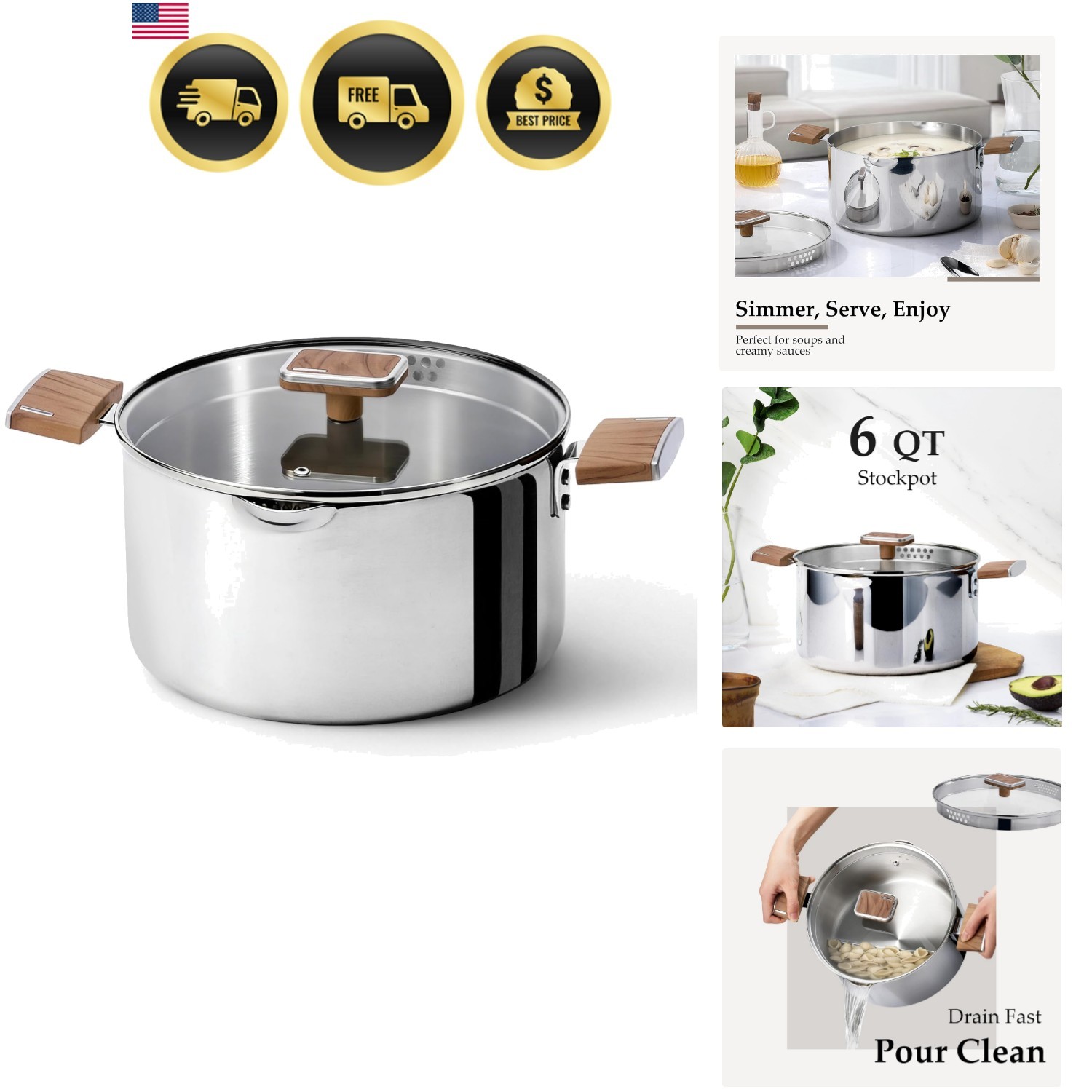 Stock Pot 6QT Stainless Steel Soup Pot with Glass Lid for Pasta Stew