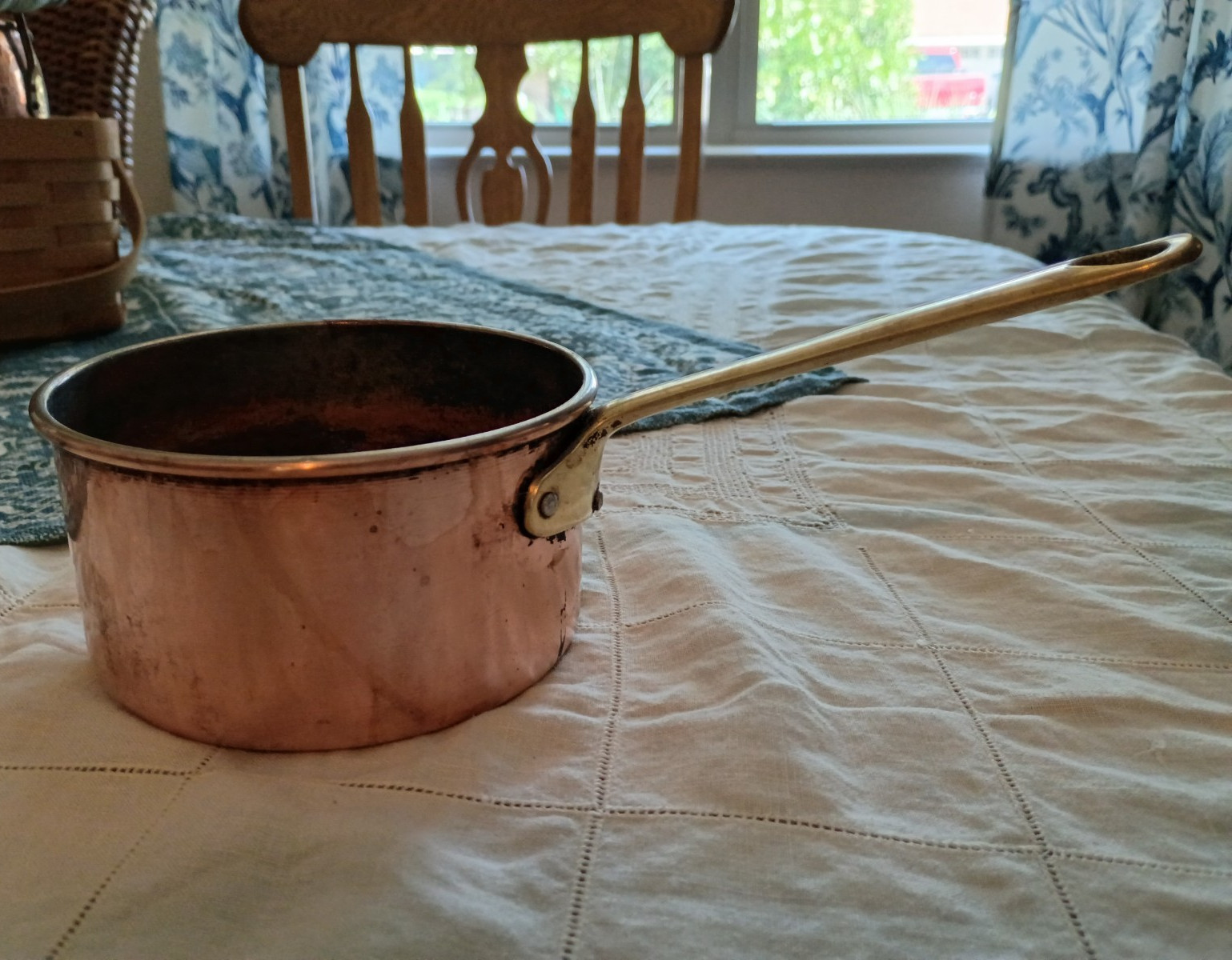 Copper 1 Qt Saucepan Pot w/ Brass Long Handle, Round, 6 in Diameter