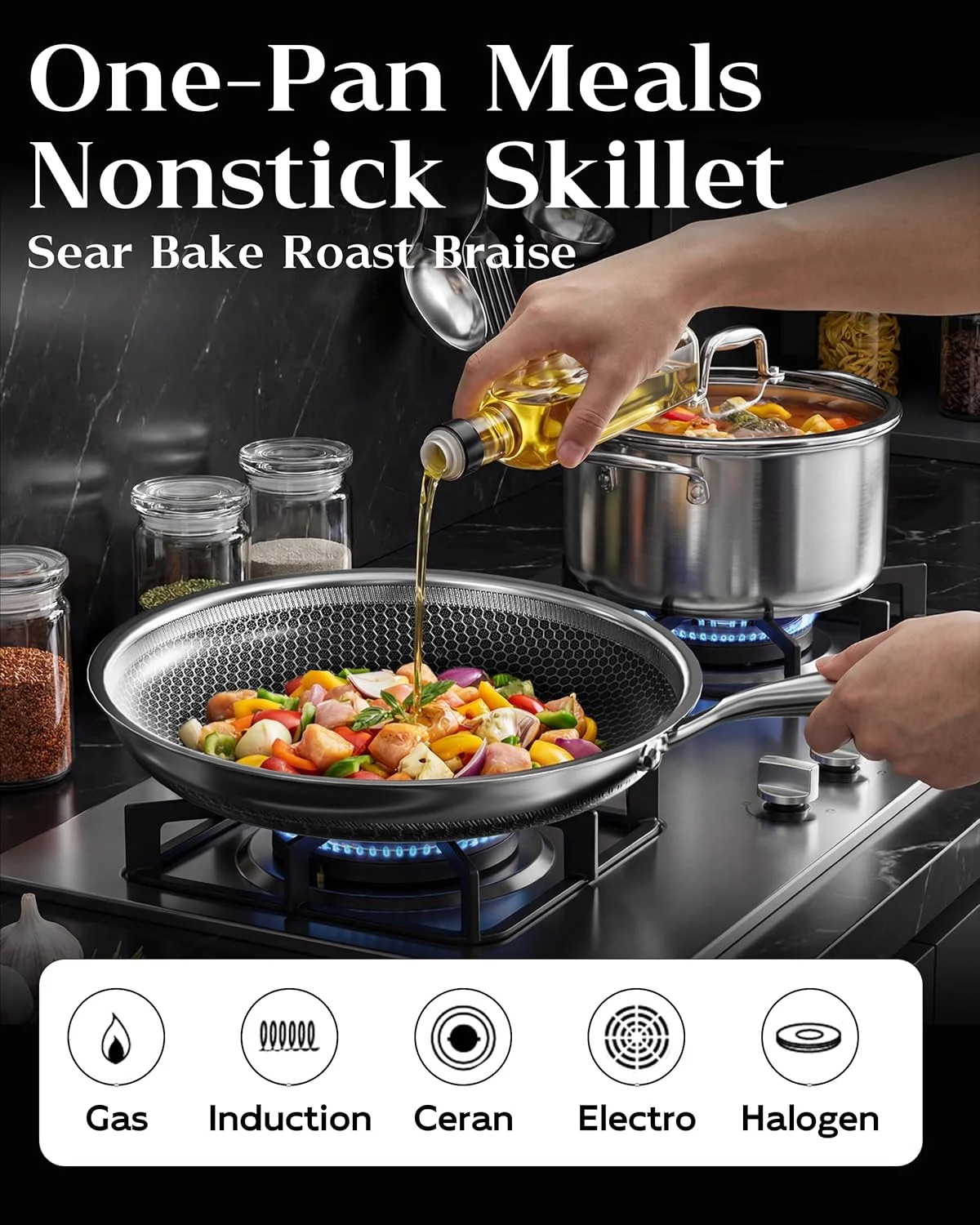 Nonstick Frying Pan with Lid 7-Inch, Durable Stainless Steel Skillet, Induction