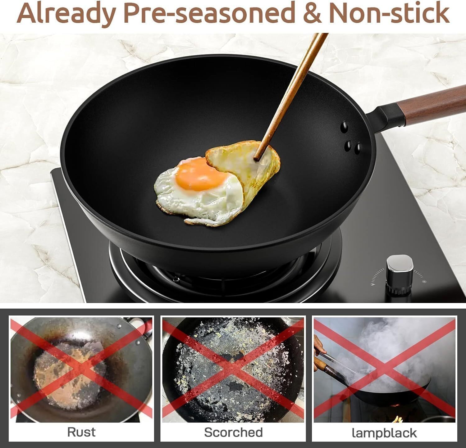 Carbon Steel Wok 13-Inch Pre-Seasoned Non-Stick w/ Lid Spatula Flat Bottom Cook