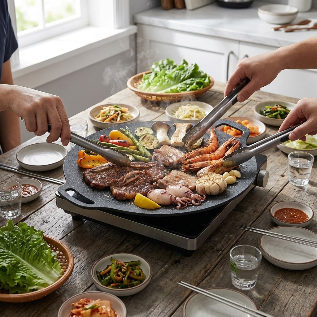 11 Inch Round Cast Iron Korean BBQ Griddle Pan Non-Stick with Handles