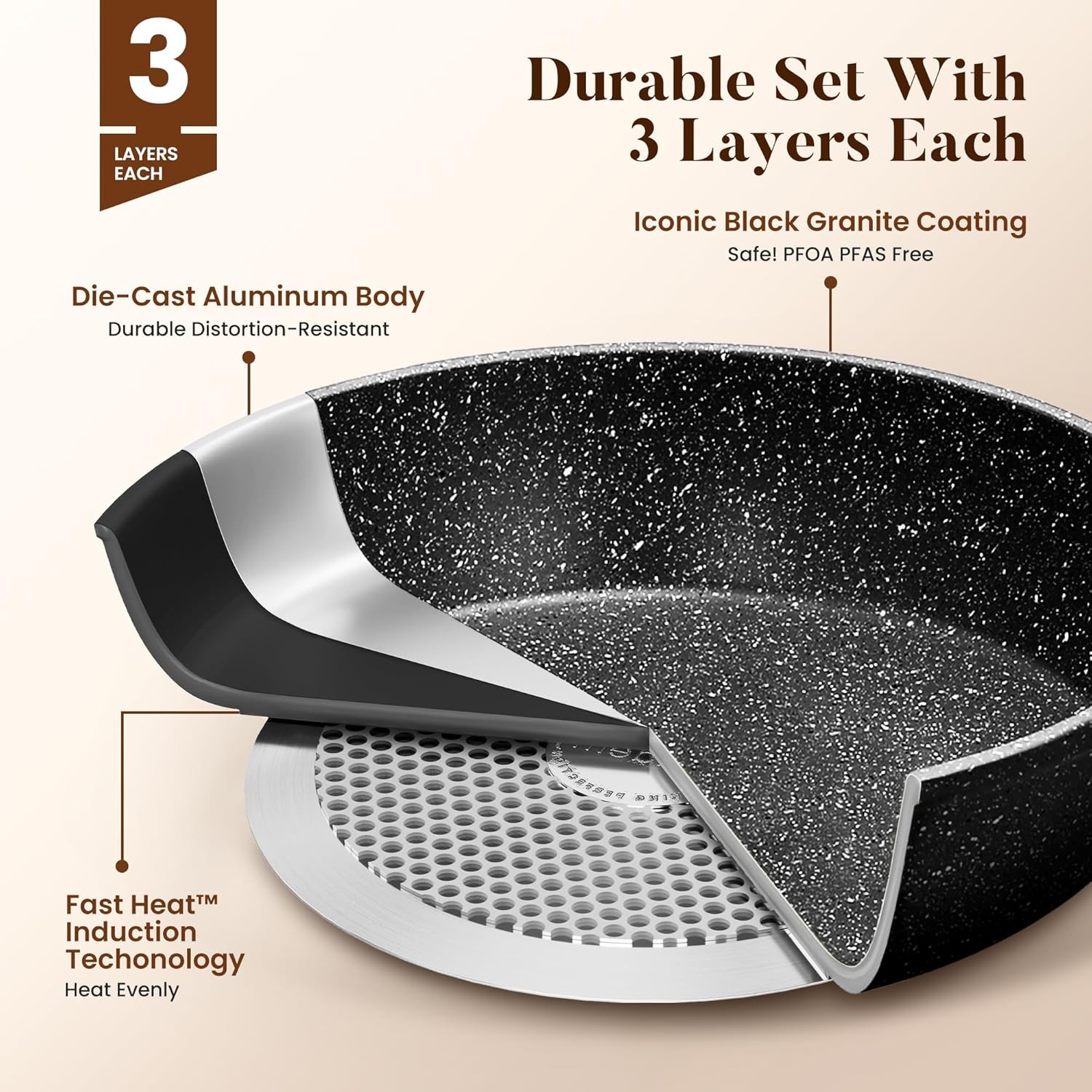 New Cookware Set-17 Piece Non-Stick Cooking Pan Set, Black Granite Pots and Pans