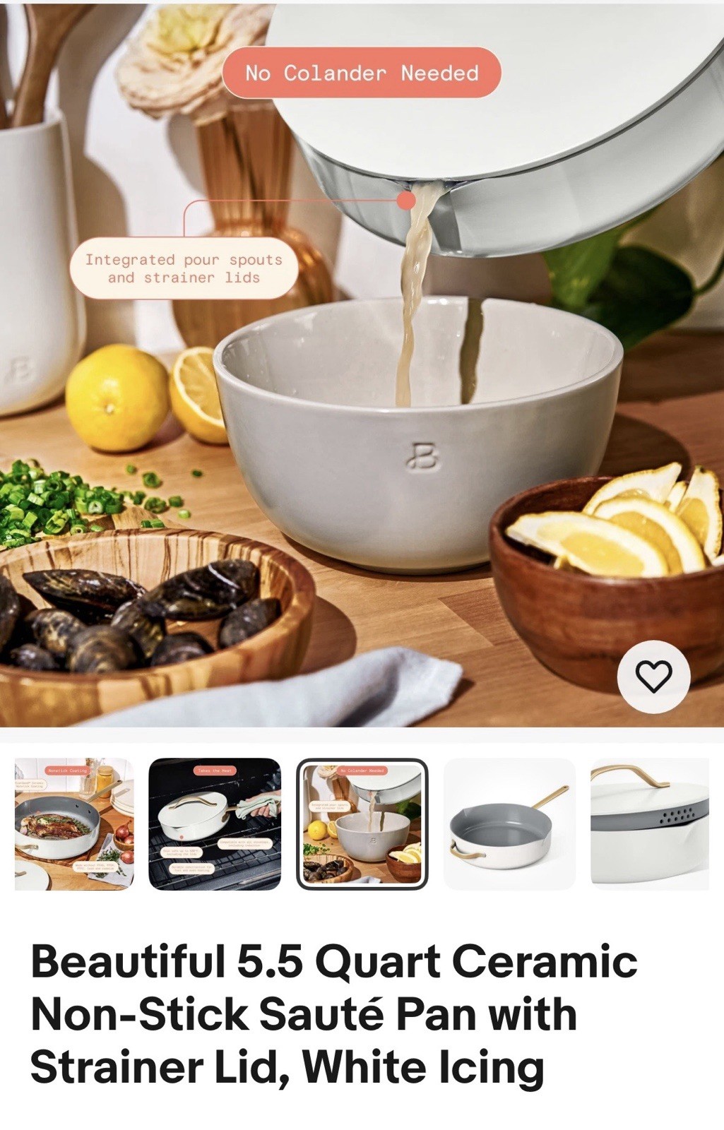 Beautiful 5.5 Quart Ceramic Non-Stick Sauté Pan with Strainer Lid, White Icing
