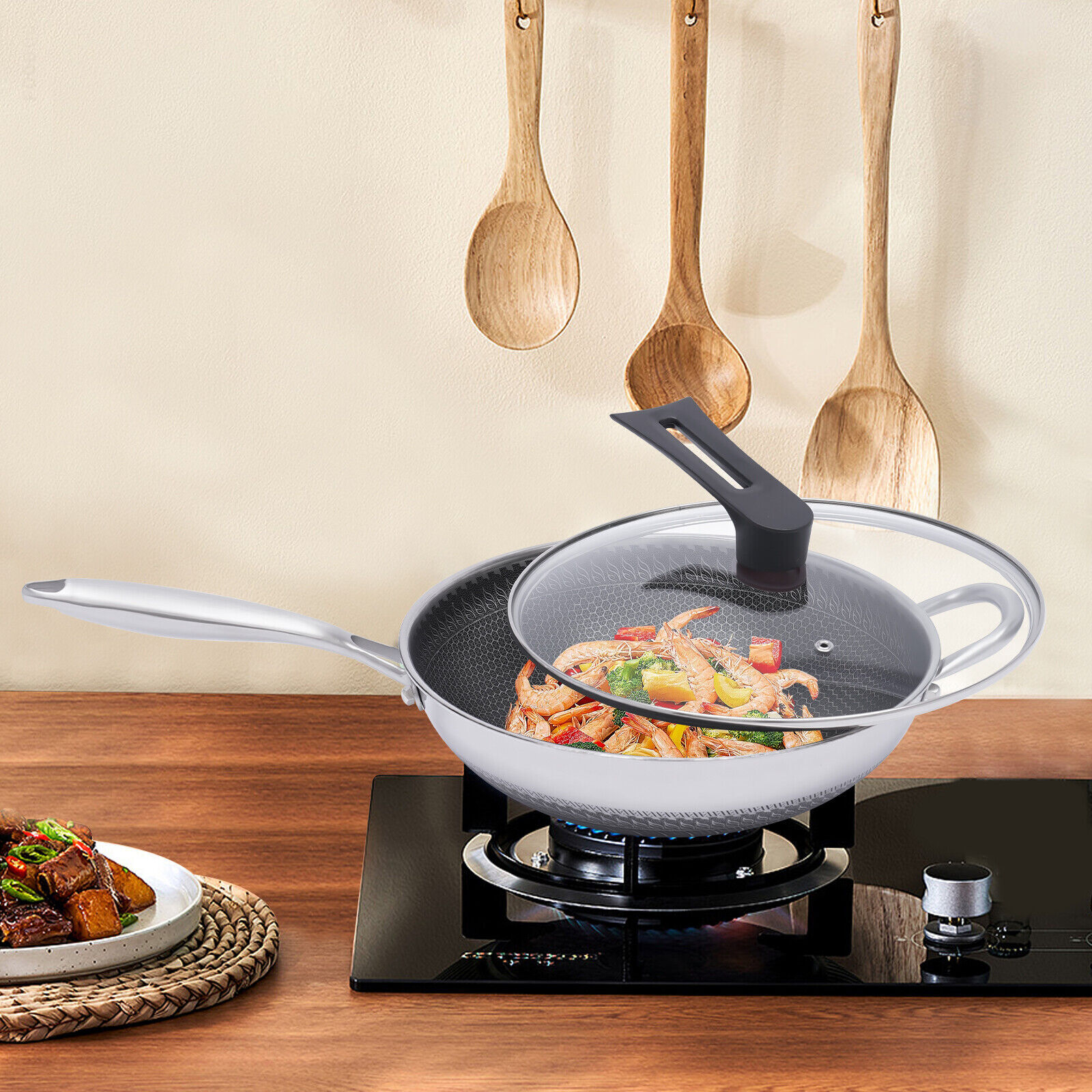 Non Stick Double Sided Honeycomb Cooking Frying Wok Pan with Lid Stainless Steel