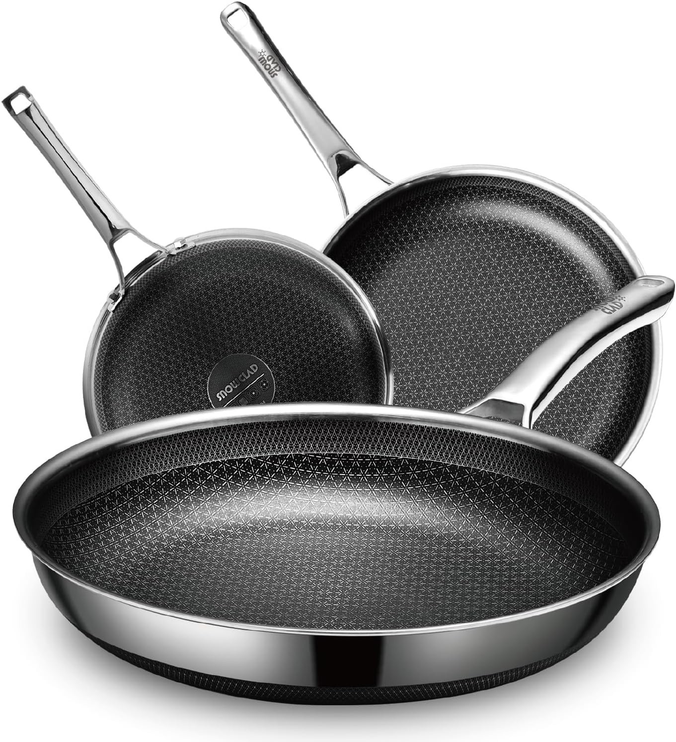 SnowClad Hex-Surface Stainless Nonstick Pan – Hybrid Clad 8/10/12 Inch Set