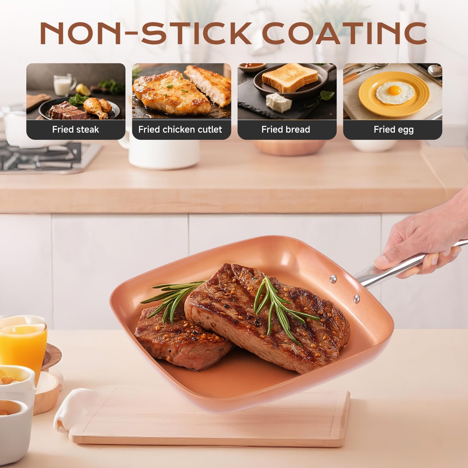 Non-Stick Copper Square Frying Pan, 12″ Chef Skillet with Ceramic Coating, Ov…