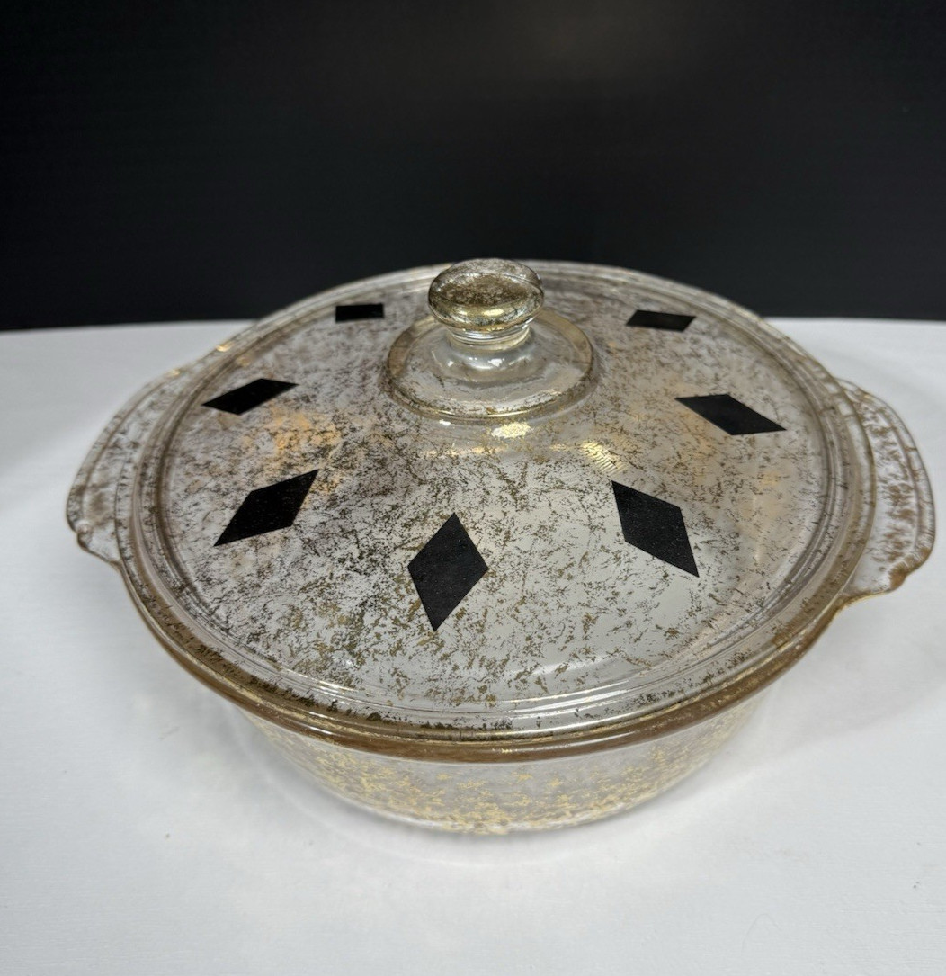Vintage FIRE-KING Georges Briard Covered 2 QT Casserole Dish Gold & Black MCM