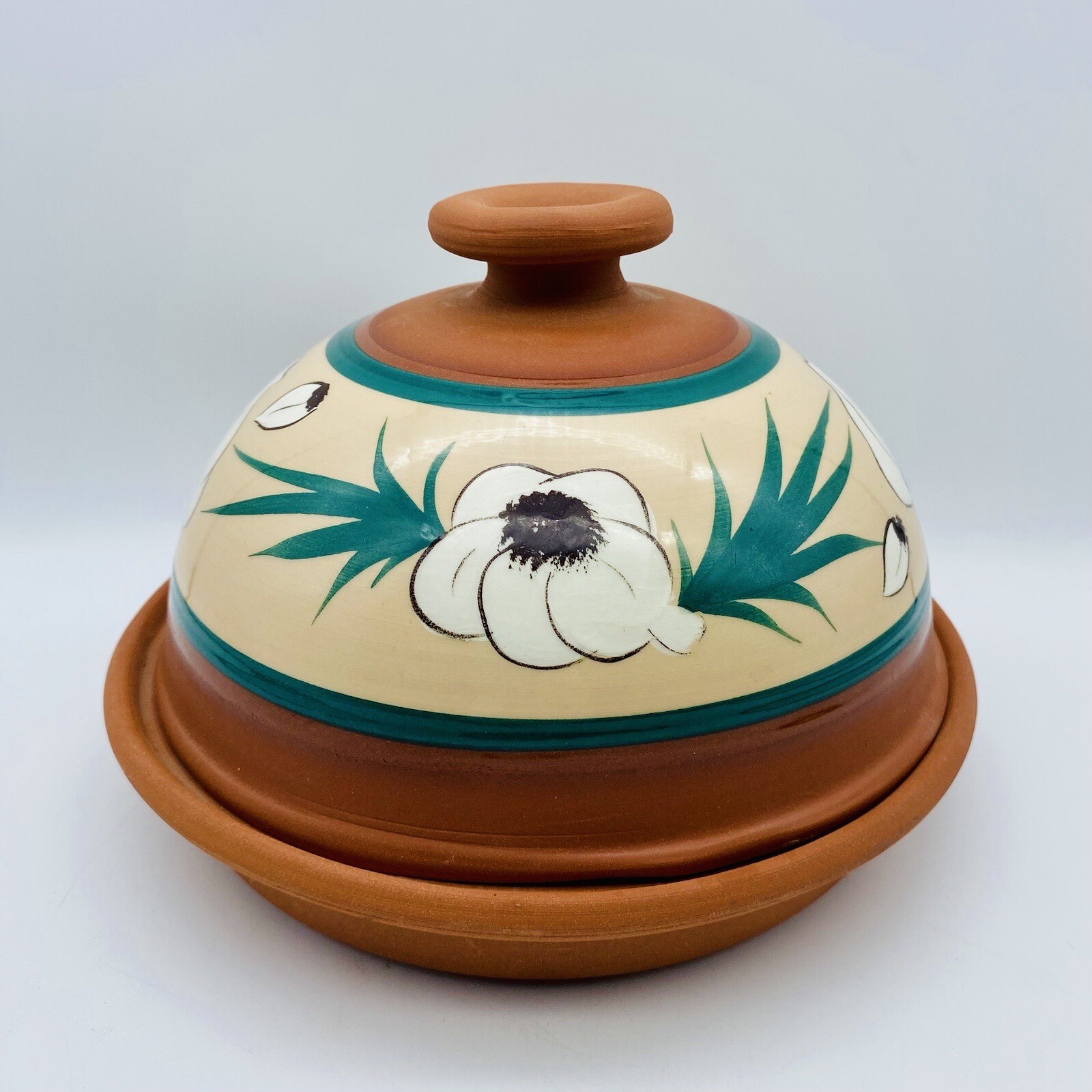 Garlic Keeper Baker Dish with Lid Terra Cara Clay Tagine Hand Painted Signed