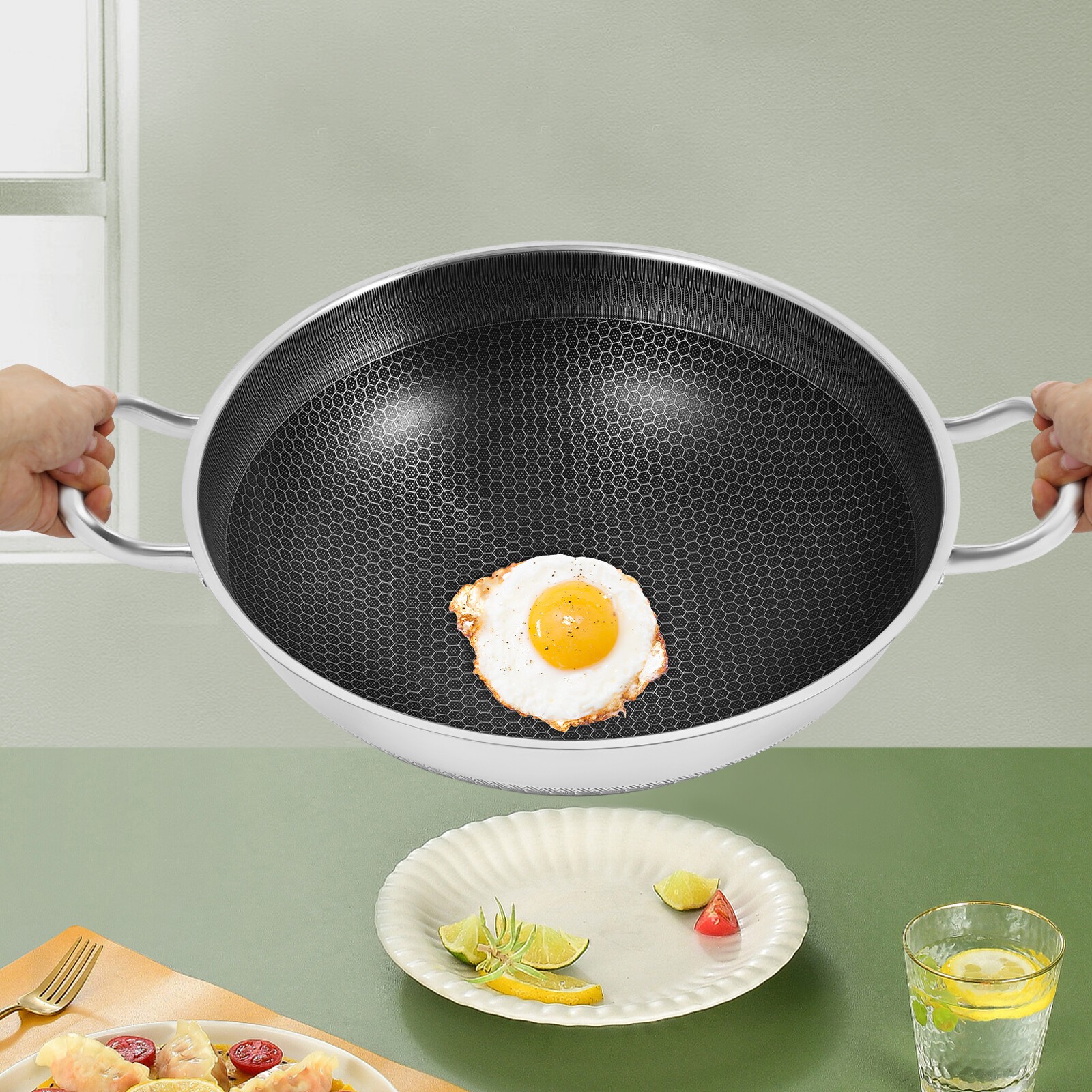 13.19in Non Stick Paella Pan Stainless Steel Frying/Cooking Pan Skillet With Lid