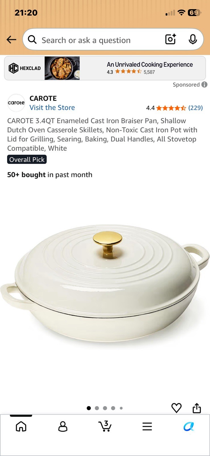 3.4QT Enameled Cast Iron Braiser Pan, Shallow Dutch Oven Casserole Skillets, …