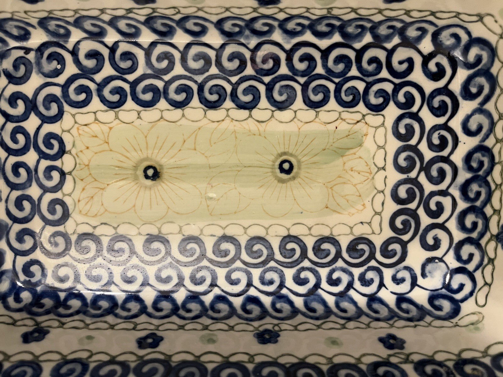 Nantucket 5”X8” Hand Painted Stoneware Baking Dish. Blue Swirls, Dots & Flowers