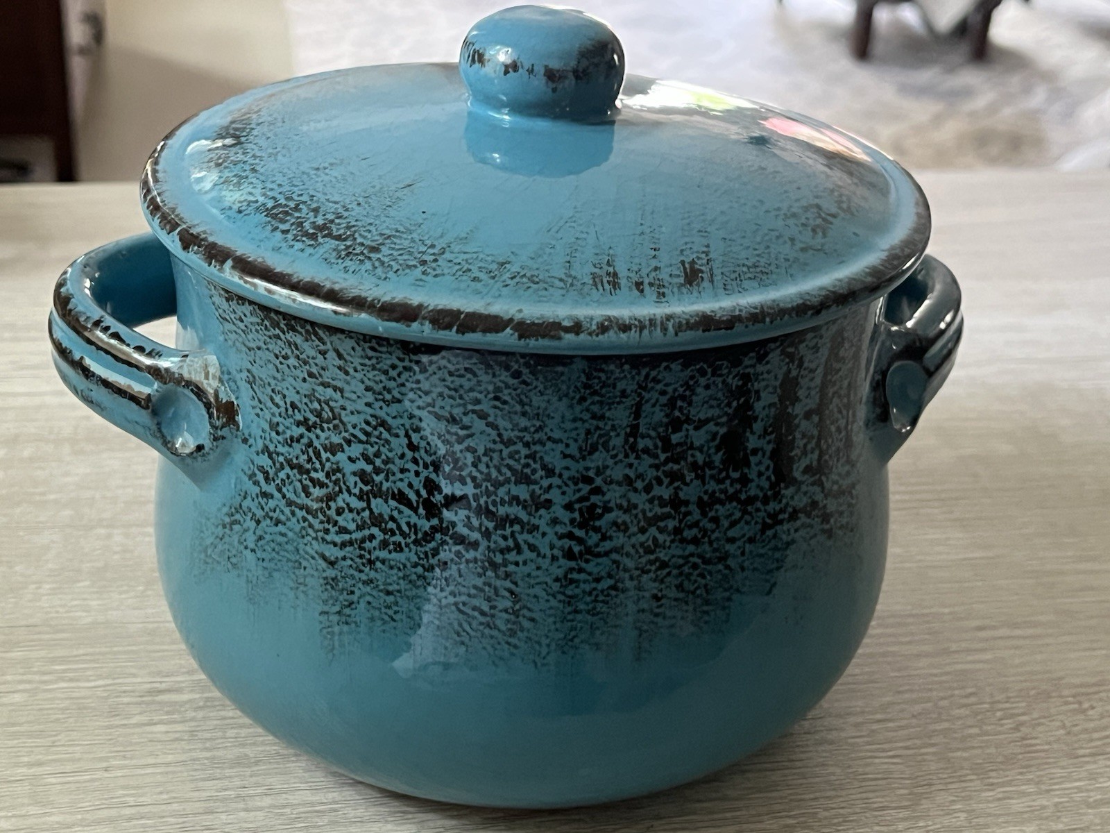 De Silva Bean Pot Made in Italy Glazed Teal Blue Heavy Duty