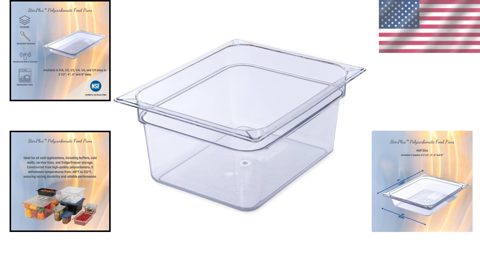 Stackable 1/2-Size Food Pan – 6″ Deep with Non-Slip Base, Ideal for Food Service