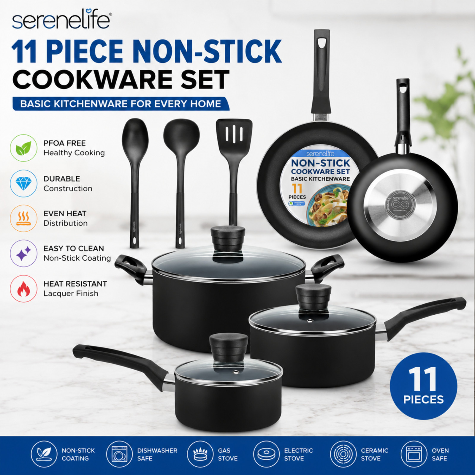 SereneLife 11 Piece Nonstick Cookware Set Pots & Pans Kitchen Set Black
