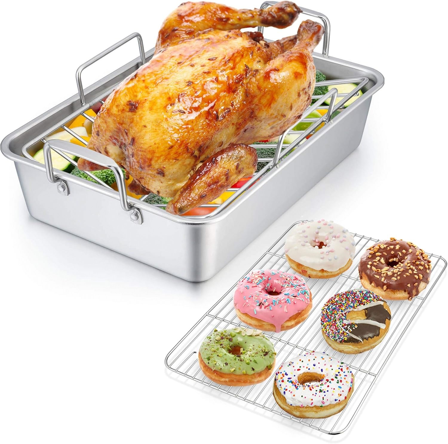 P&P CHEF 14″ Roasting Pan Stainless Steel Turkey Roaster Rack