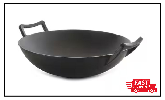 NEW MegaChef 14 Inch Heavy Duty Cast Iron Wok with Wood Lid,Free Shipping