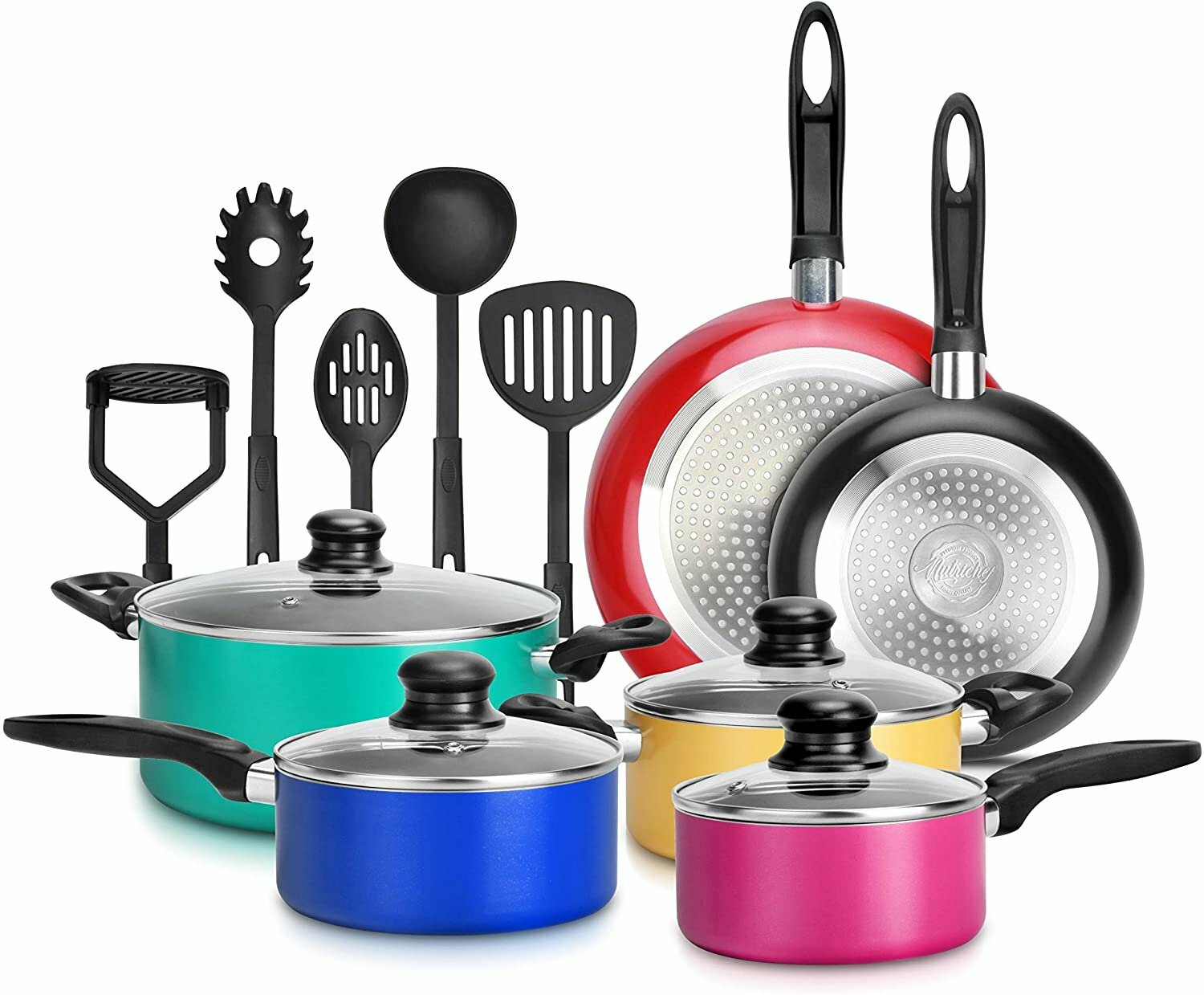 15 Piece Pots & Pans Set – Colorful Kitchen Cookware, Black Non-Stick Coating In