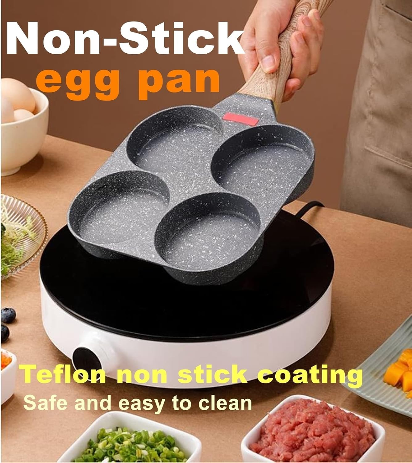 4 Hole Cup Egg Hamburger Pancake Maker Non-Stick Frying Pan with Wooden Handle