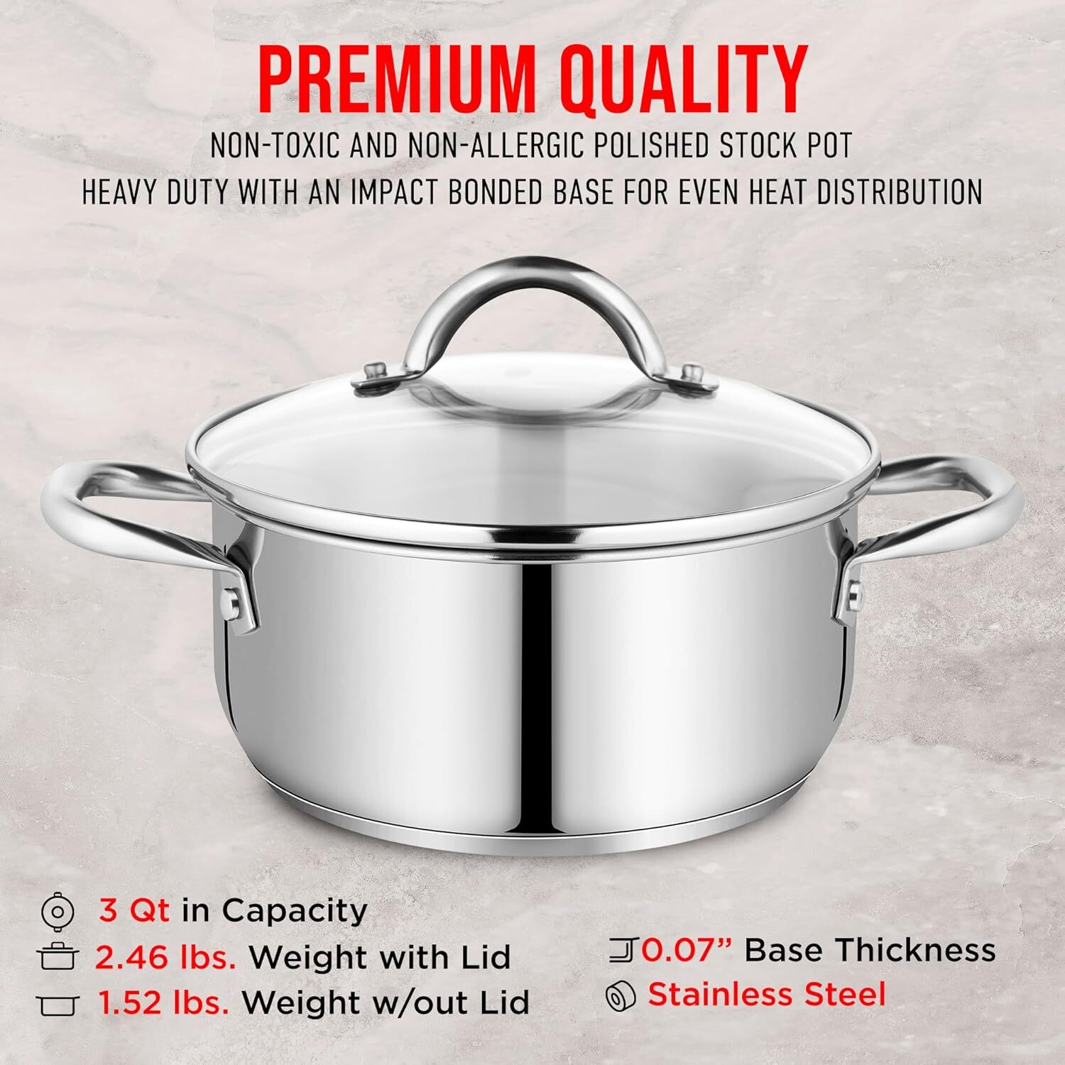 Bakken-swiss, Deluxe, 3-quart, Stainless Steel, Stockpot, Tempered Glass Lid
