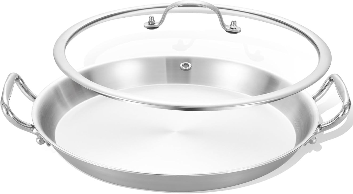 13 Inch Tri-ply Stainless Steel Paella Pan with Lid,Griddle,Large Skillet,Omelet
