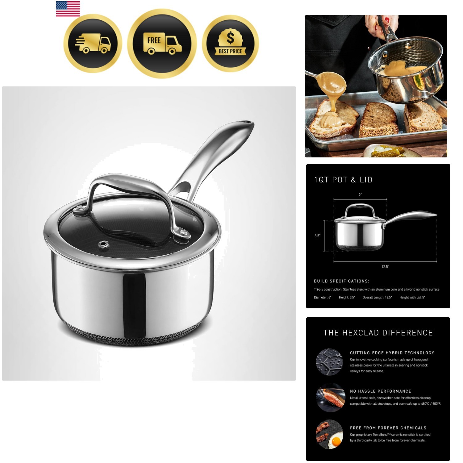 1 Quart Hybrid Nonstick Sauce Pan Pot with Lid, Stay-Cool Handle, Dishwasher …