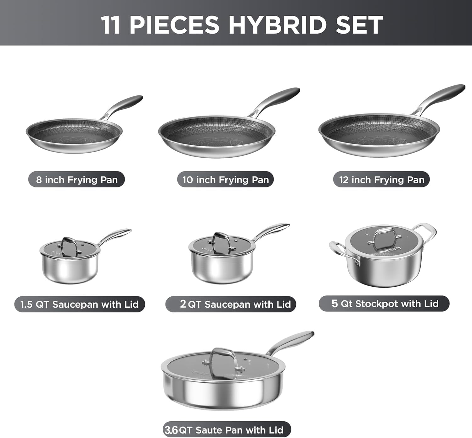 Stainless Steel Cookware Set, 11 Pcs Pots and Pans Set, Hybrid Ceramic Cookware,