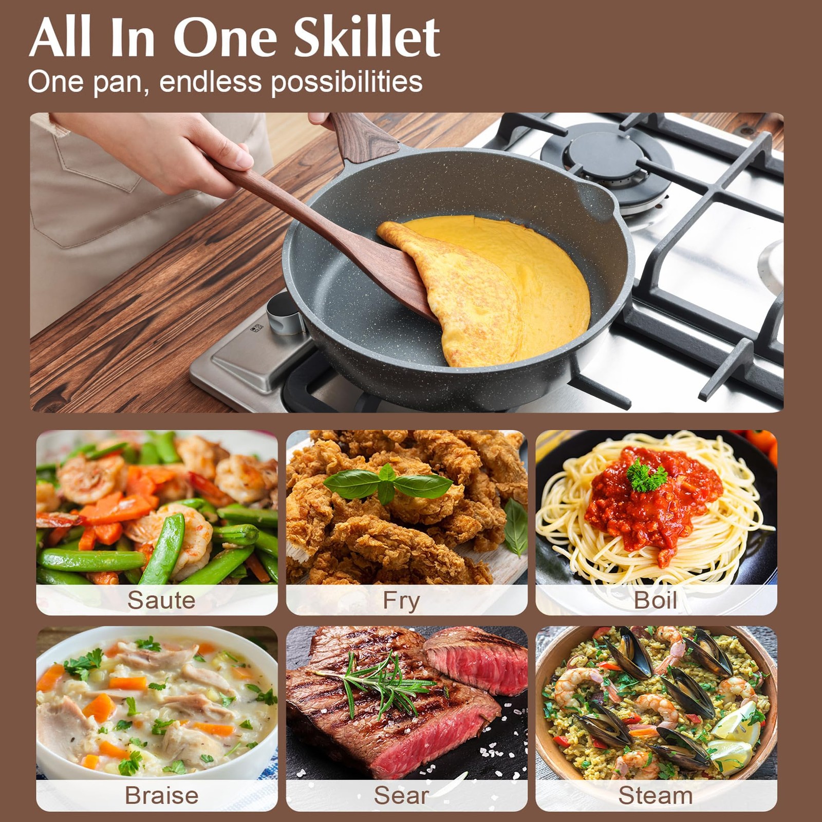Nonstick Skillet, Deep Frying Pan 10 inch, Saute Pan with Lid, Stay-cool Handle