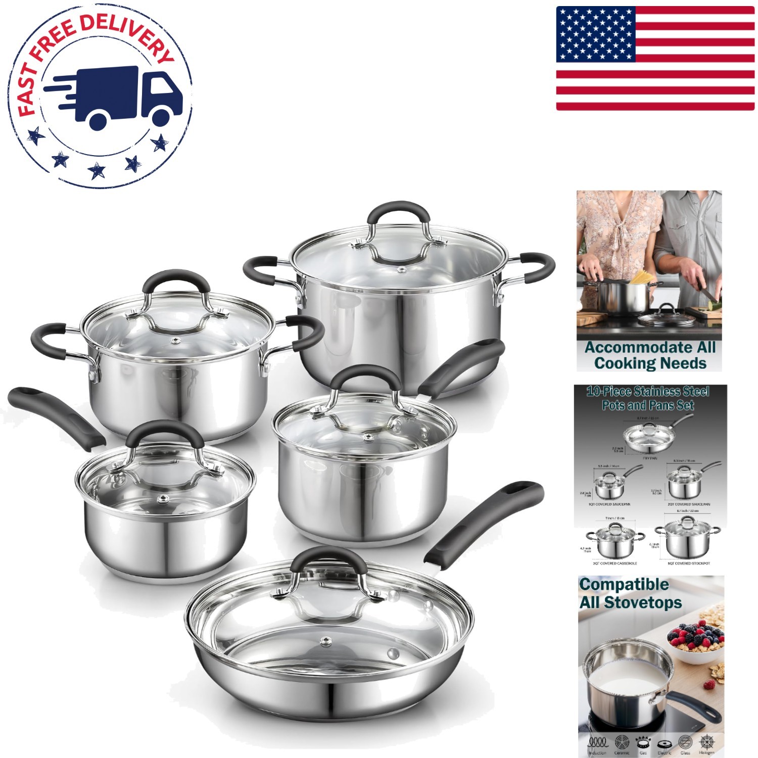 Professional 10-Piece Stainless Steel Cookware Set – Induction Ready & Oven Safe
