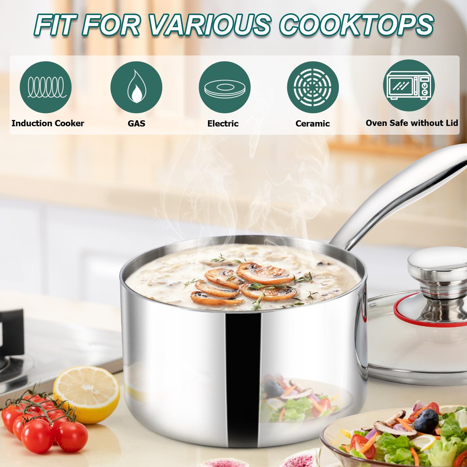 TeamFar 3qt Saucepan with Lid, Stainless Steel Tri-ply Pasta Sauce Milk Pan Smal