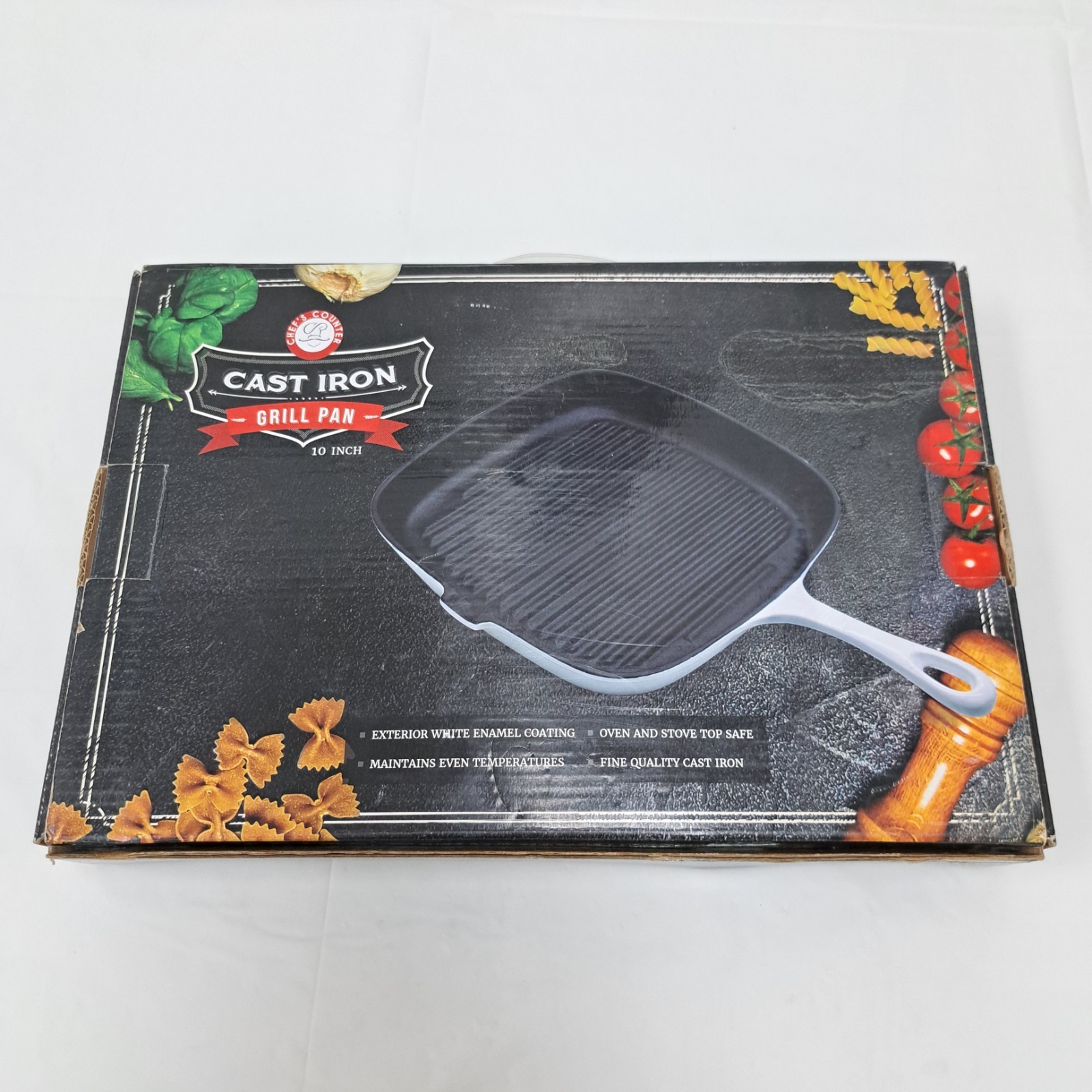 BRAND NEW Chef’s Counter Cast Iron Grill Pan 10″ Square White Enamel Coating