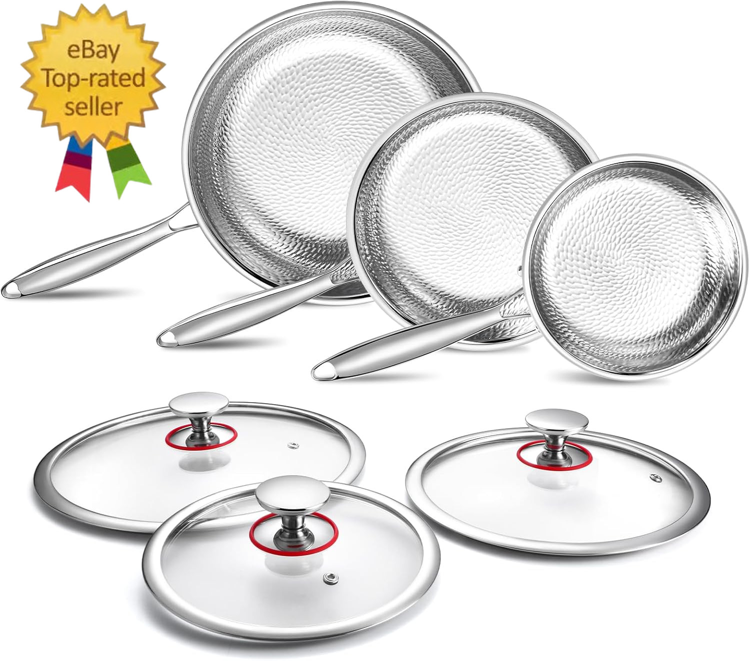 Titanium Non-Stick Frying Pan with Lid, 8, 10, and 12 Inch Hammered Nonstick